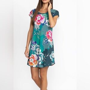 Johnny Was Floral Teal Dress with Pink Accents